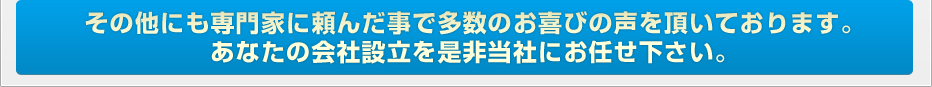 その他にも専門家に頼んだ事で多数のお喜びの声を頂いております。あなたの会社設立を是非当社にお任せ下さい。